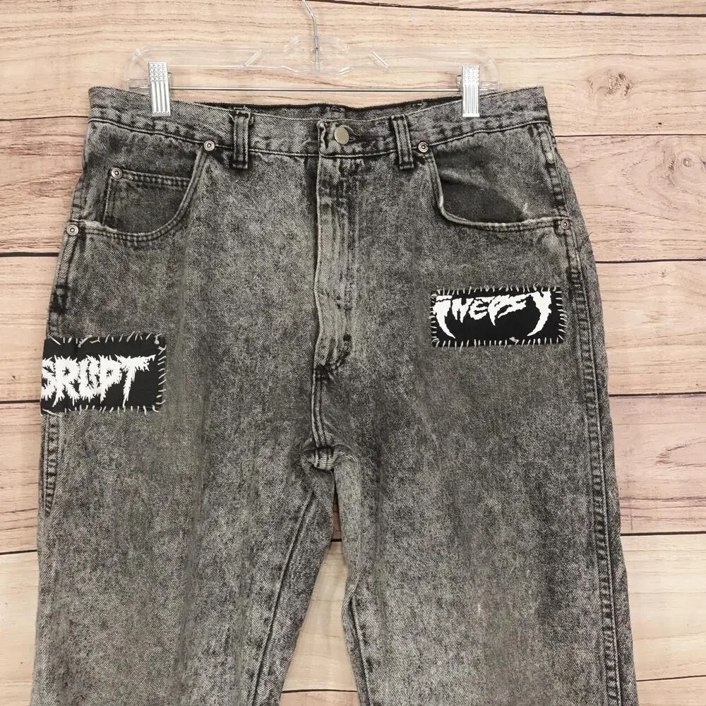Vintage Wrangler Jeans 36x32 (33x30) Gray Acid Wash Denim Punk Patches DBEAT